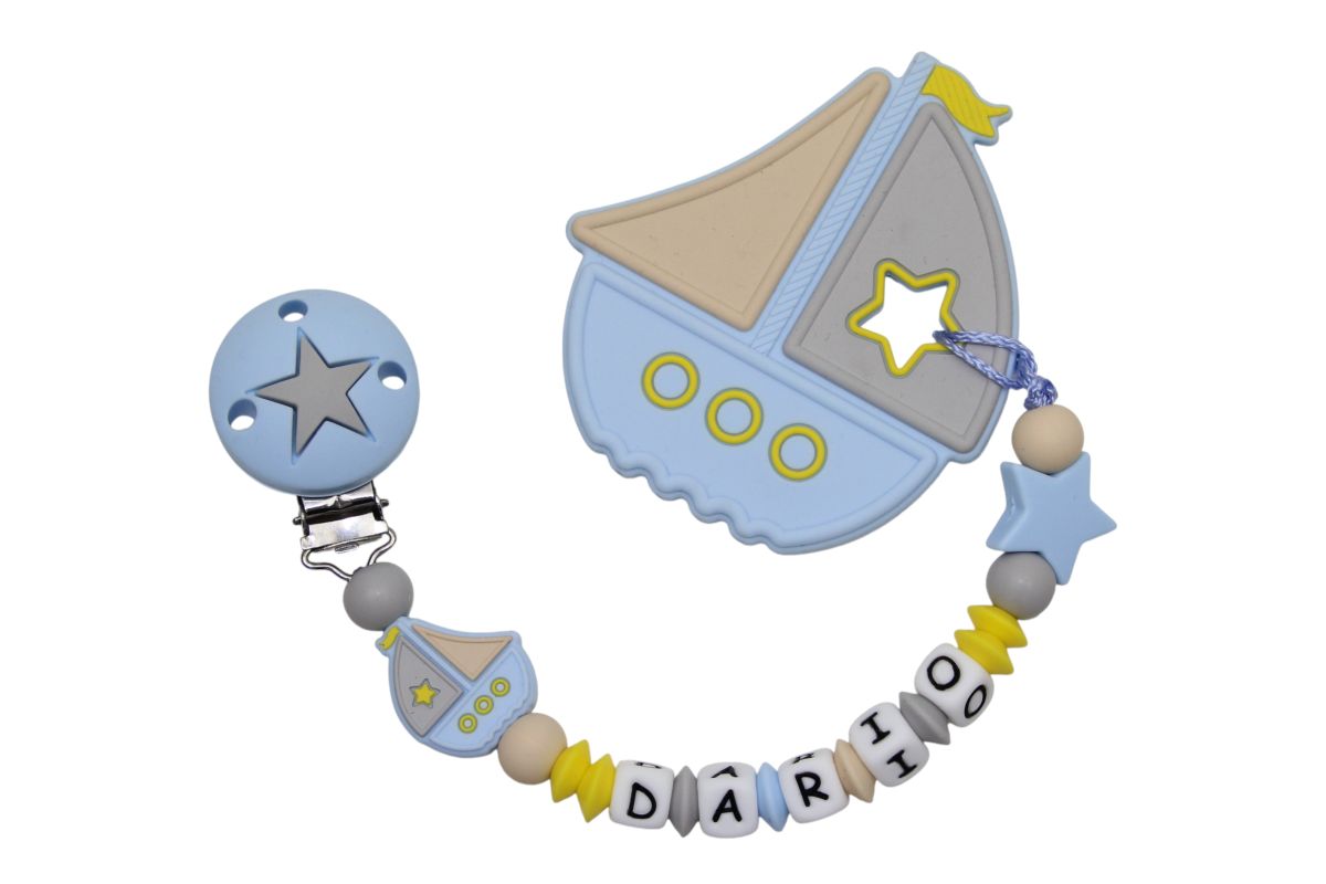 Silicone pacifier chain with name and sailing ship pendant pastel blue