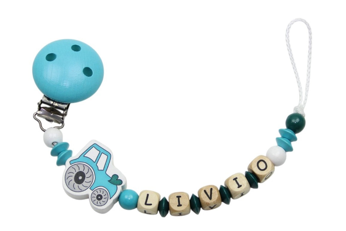 Baby pacifier chain with name tractor:heart turquoise:white