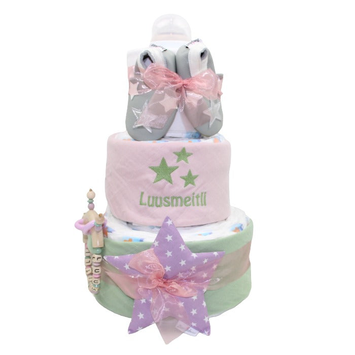 Diaper cake Nuscheli rose brown:lime green