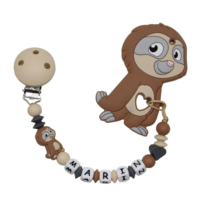 Silicone pacifier chain with name and pendant sloth gray:camel
