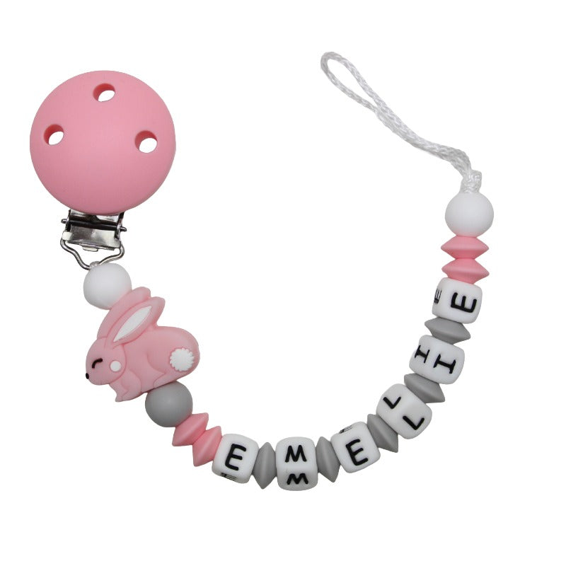 Nuggikette Silicone avec nom Rabbit pastel rose: gris