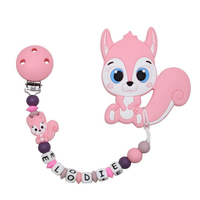 Silicone pacifier chain with name and pendant squirrel pastel pink:grape