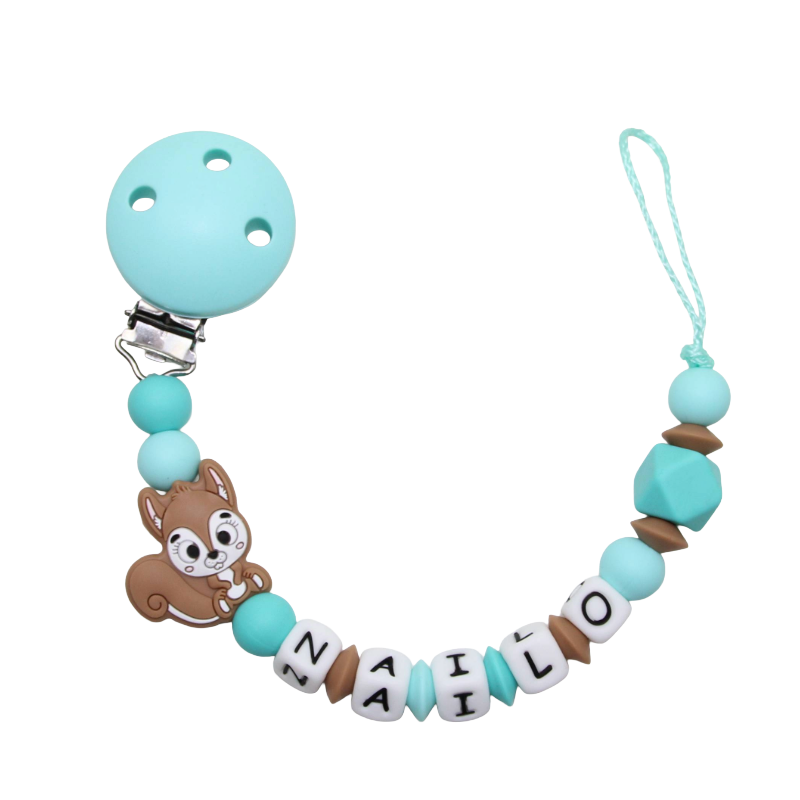 Silicone pacifier chain with name squirrel aqua:camel