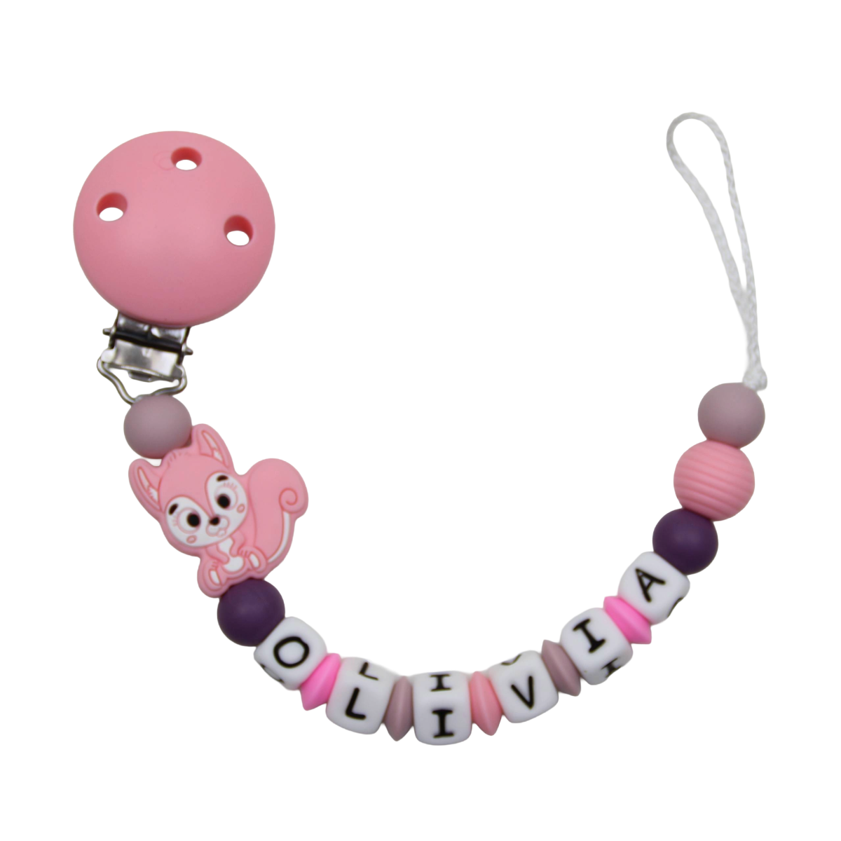 Silicone pacifier chain with name squirrel pastel pink:grape