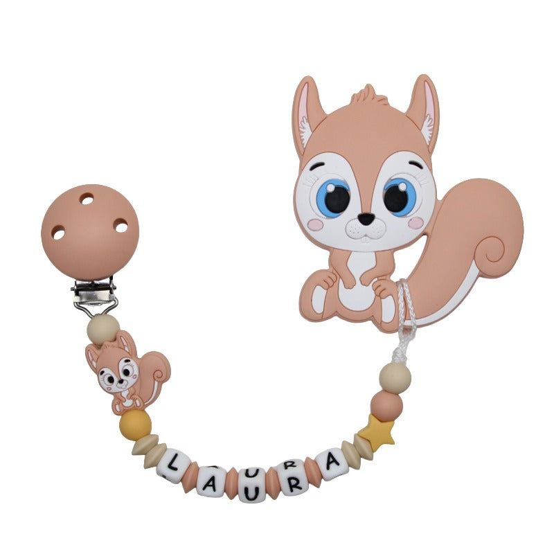 Nuggikette Silicone avec nom et peach d'écureuil pendante: jaune moutarde