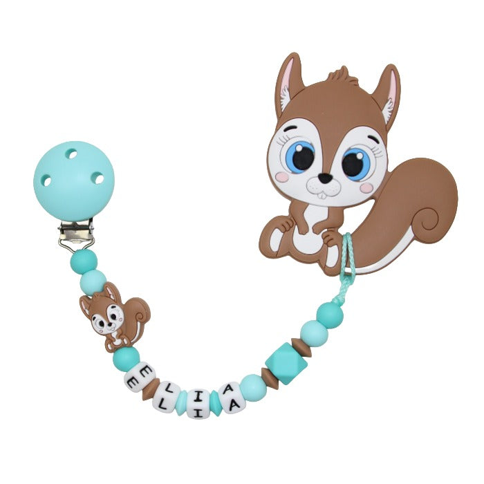 Silicone pacifier chain with name and pendant squirrel aqua:camel
