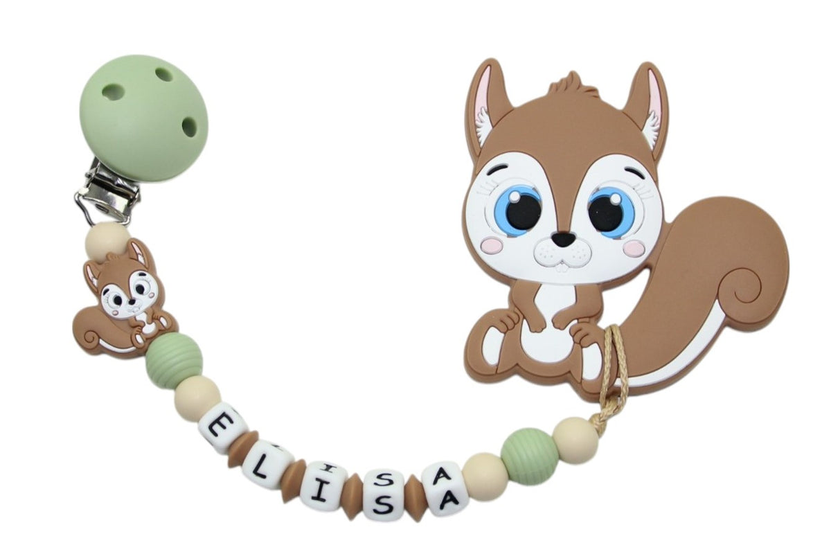 Silicone pacifier chain with name and pendant squirrel lime green:camel