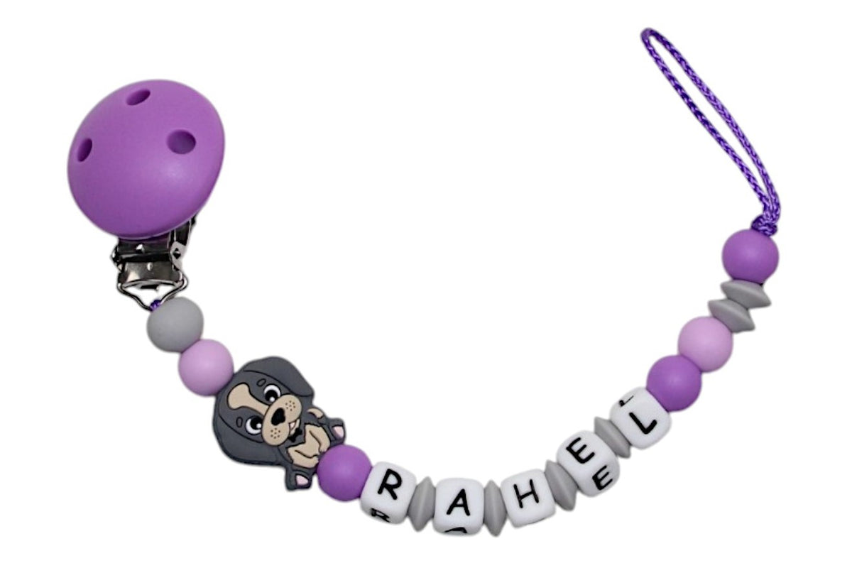 Silicone pacifier chain with name dog purple:gray
