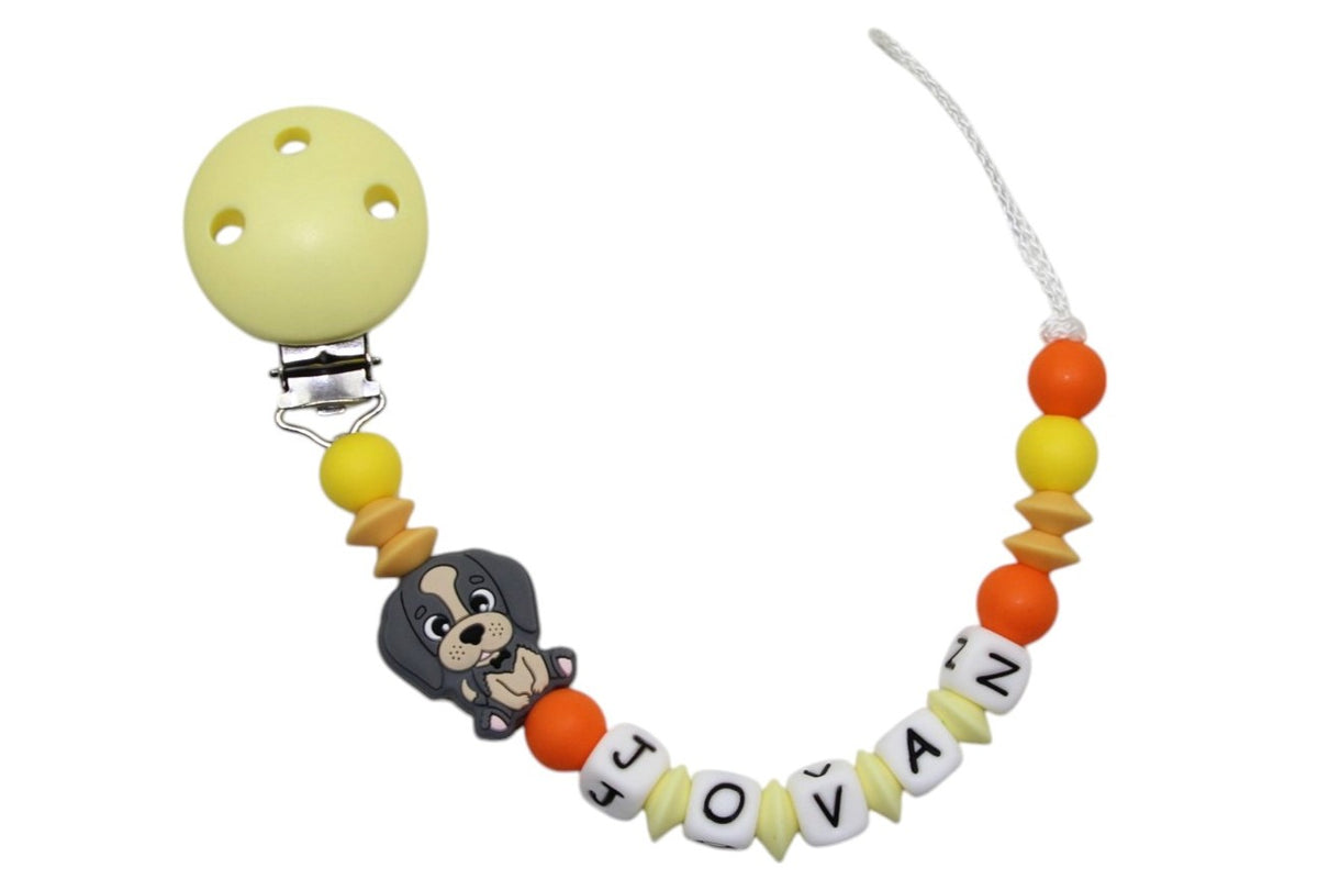 Silicone pacifier chain with name dog pastel yellow:orange