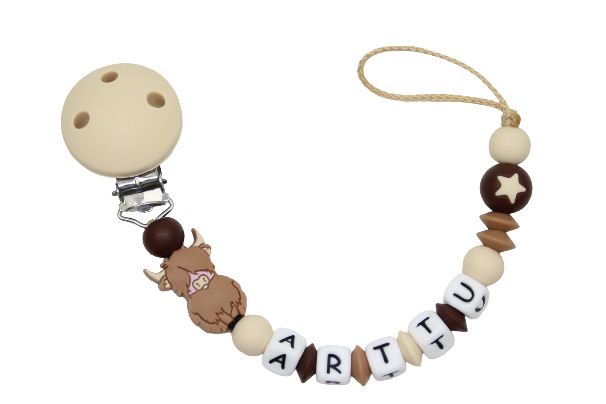 Nuggikette Silikon mit Name Highlandkuh beige:camel