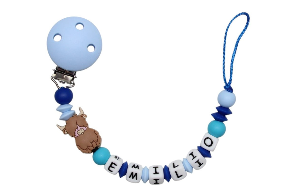 Nuggikette Silikon mit Name Highlandkuh pastellblau