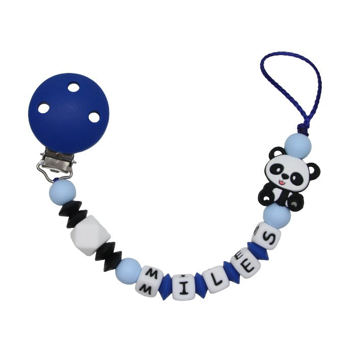 Silicone pacifier chain with name Panda royal blue:pastel blue