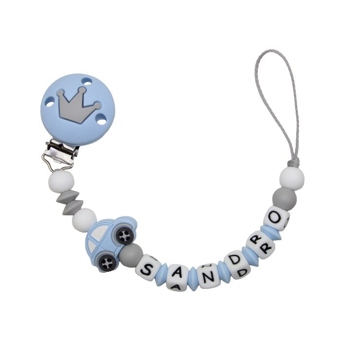 Nuggikette Silicone avec nom Roses Pastel bleu: blanc