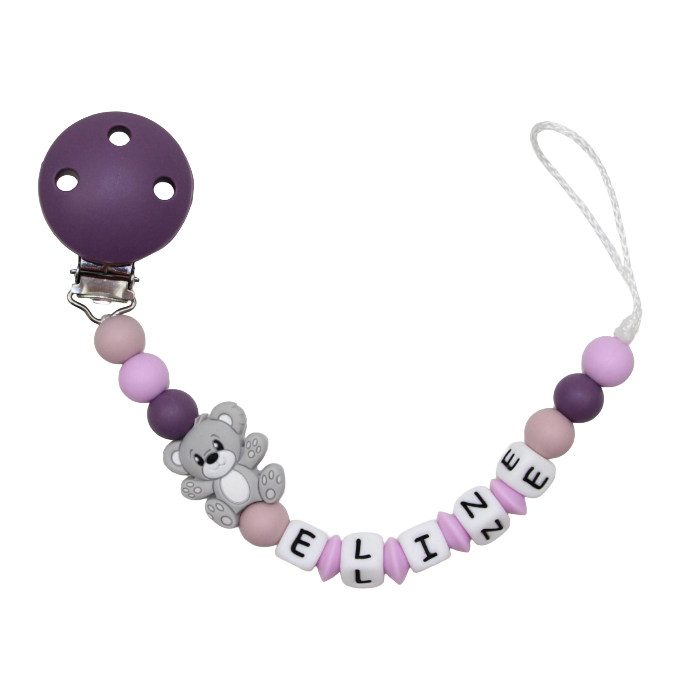 Silicone pacifier chain with name teddy bear grape:light gray