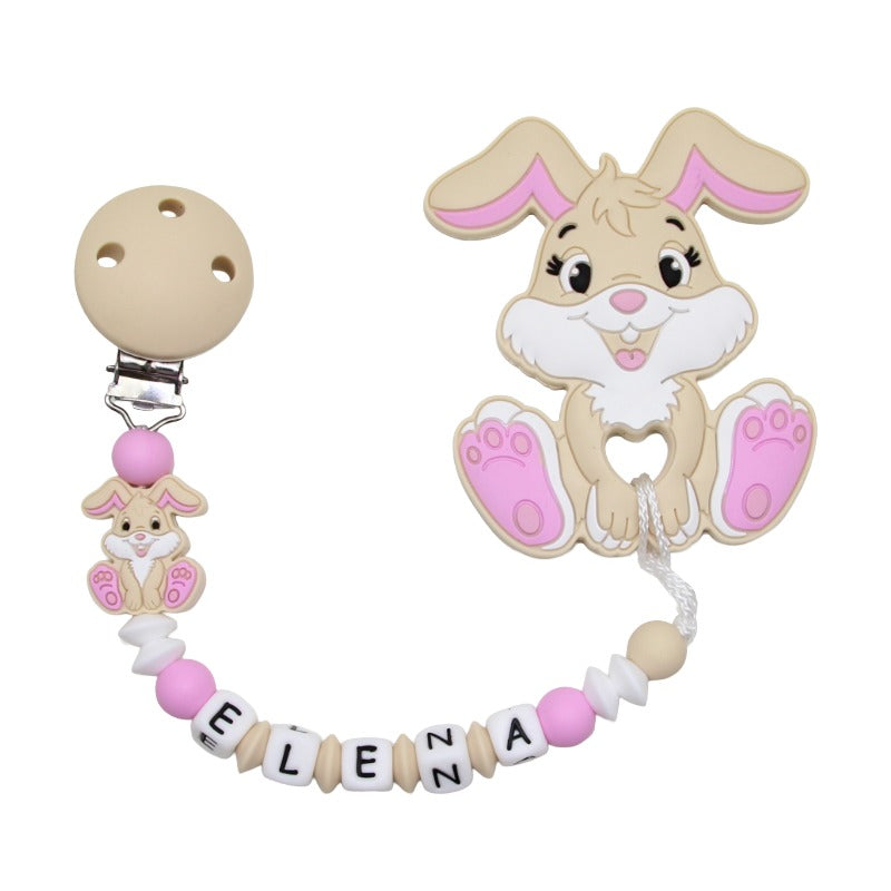 Silicone pacifier chain with name and bunny pendant beige:pale pink