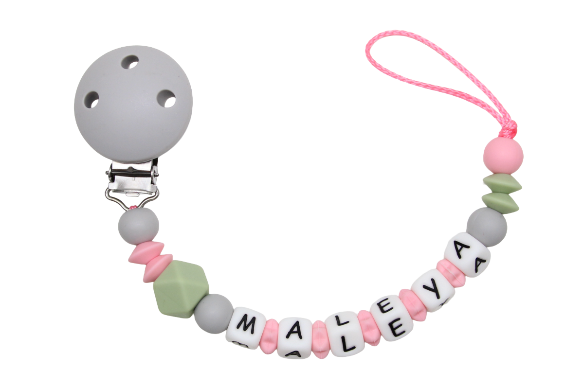 sucette silicone avec prénom vert tilleul:rose pastel