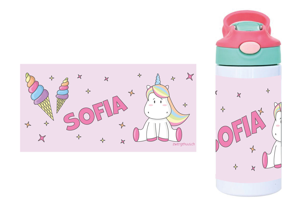 Drinking bottle with click closure unicorn pink