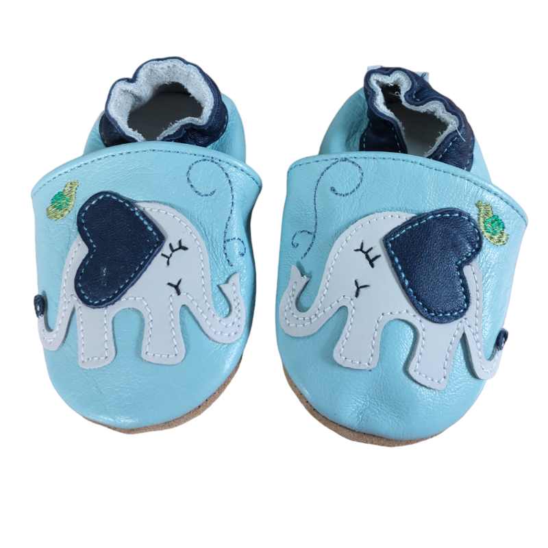 Chaussons en cuir 0-6 mois éléphant bleu pastel