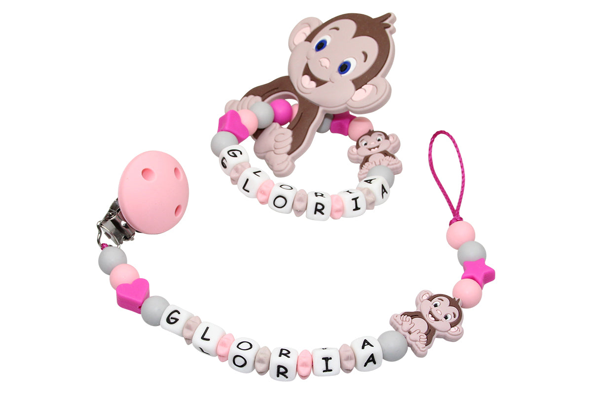 SILIKON gift set monkey pastel pink