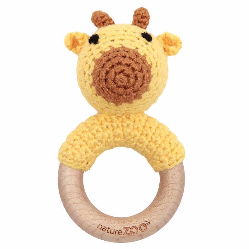 Hochet petit avec anneau en bois et girafe jaune:marron