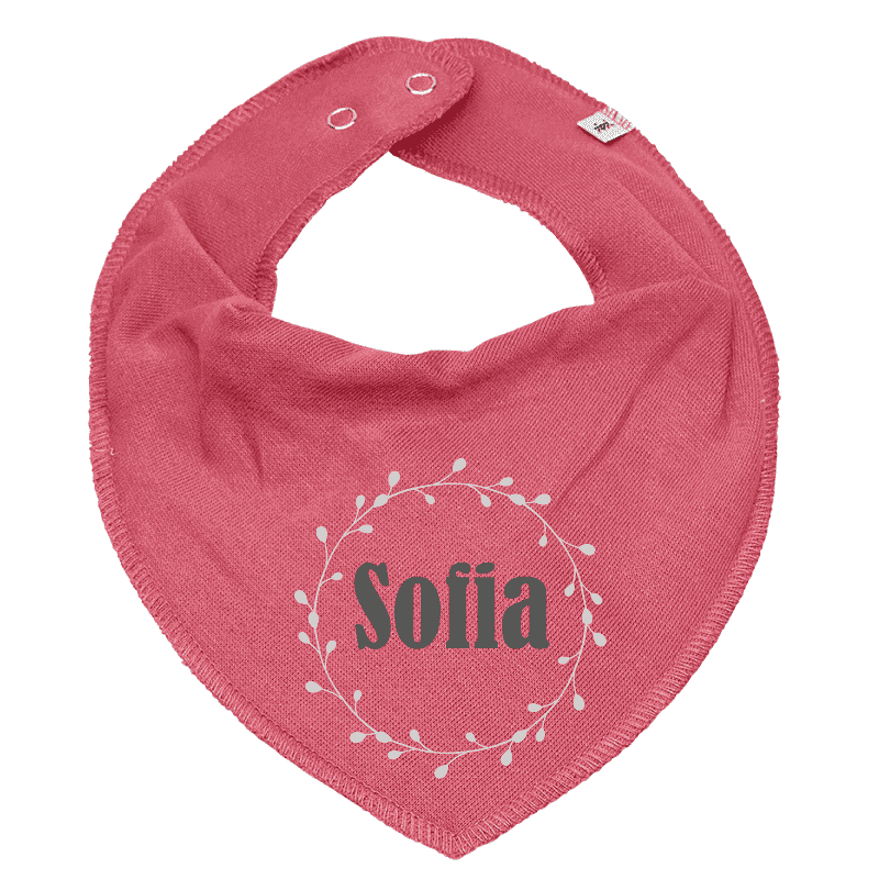 Triangular scarf printed with name and floral wreath