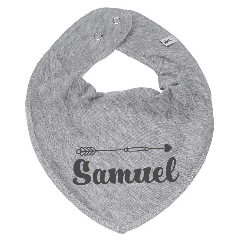 Triangular scarf printed with name and arrow