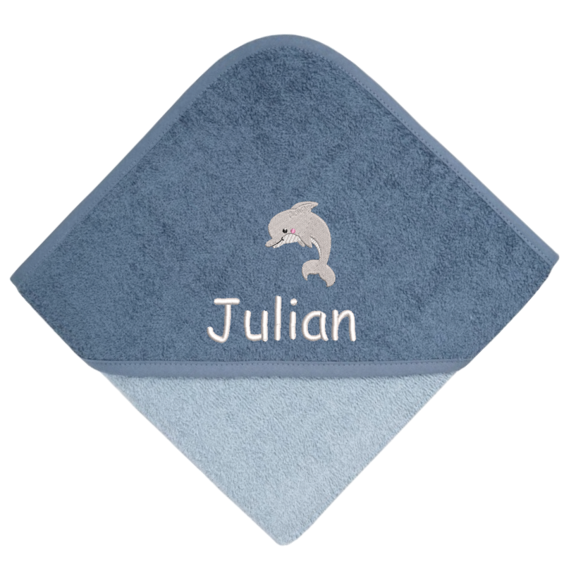 Hooded bath towel embroidered with motif and name