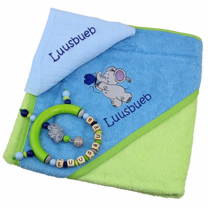 Hooded towel set elephant with grasping toy