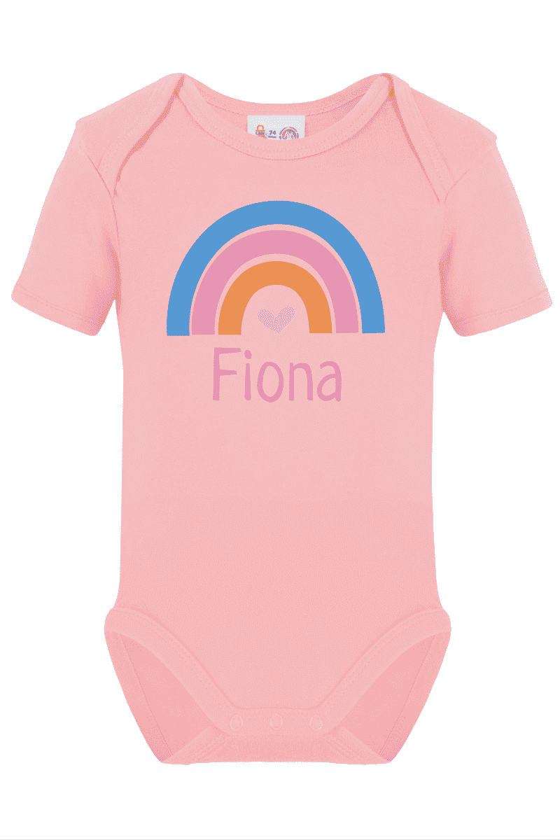 Short sleeve bodysuit printed with name and rainbow pink