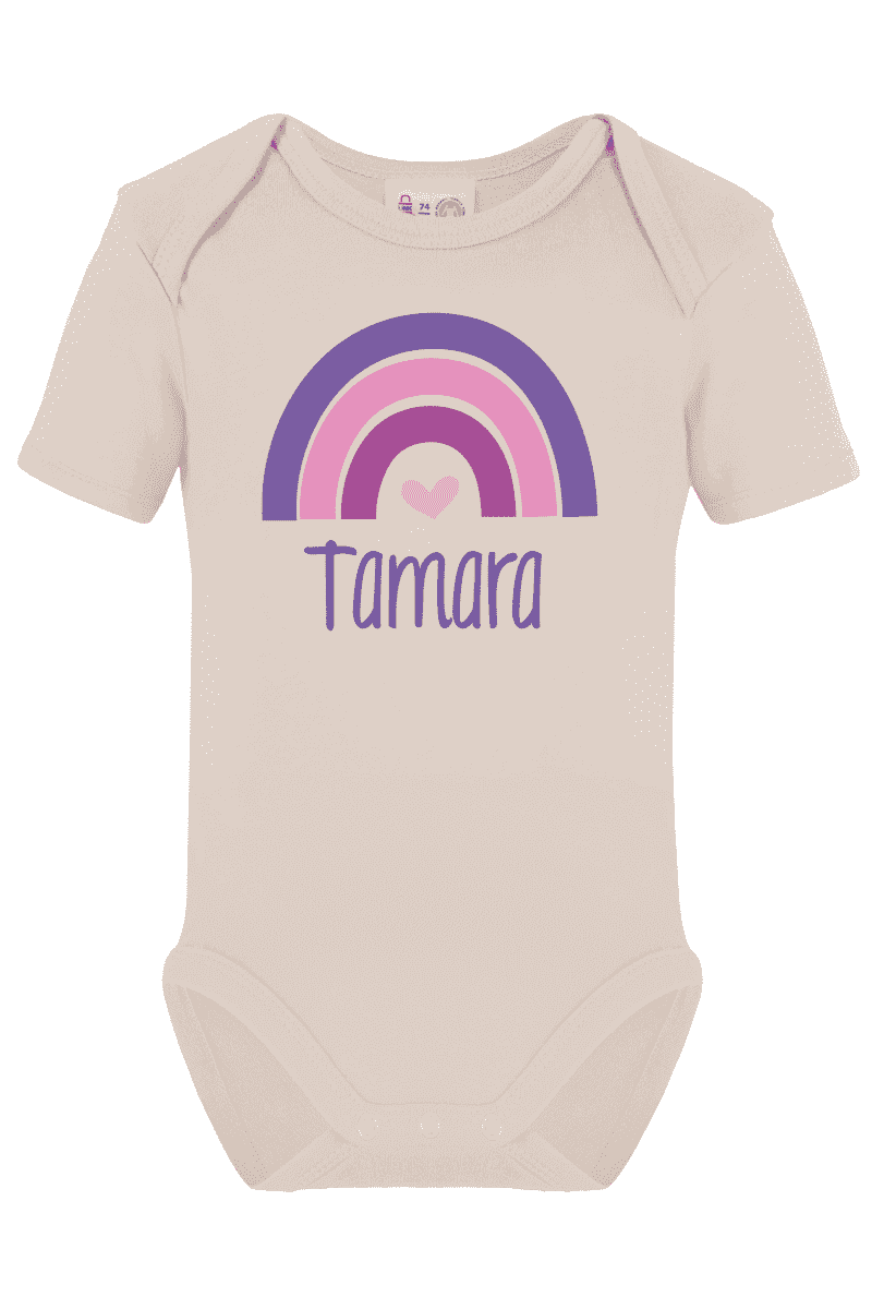 Short sleeve bodysuit printed with name and rainbow purple