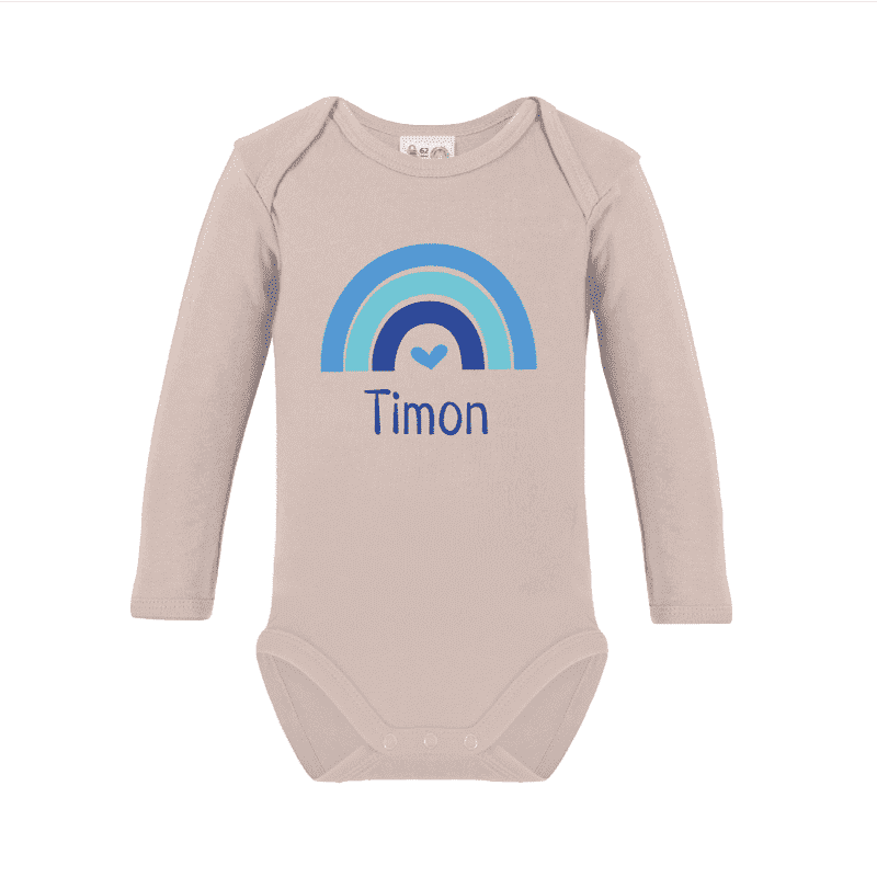 Long sleeve bodysuit printed with name and rainbow blue