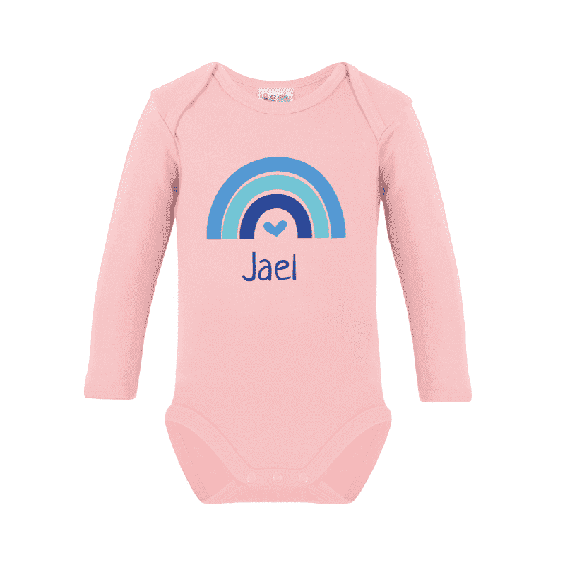 Long sleeve bodysuit printed with name and rainbow blue