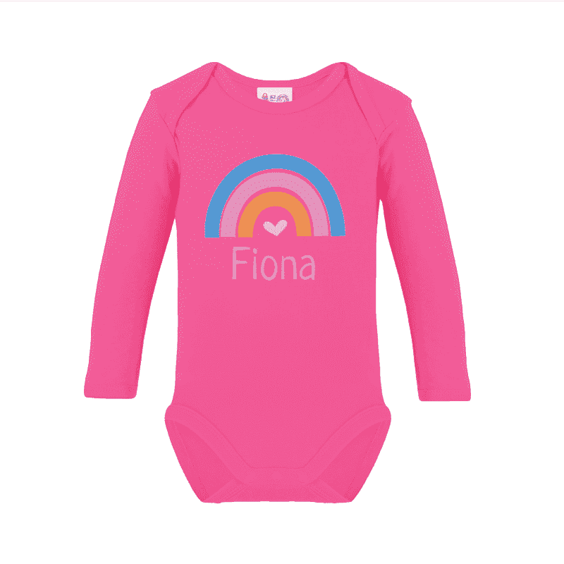 Long sleeve bodysuit printed with name and rainbow pink
