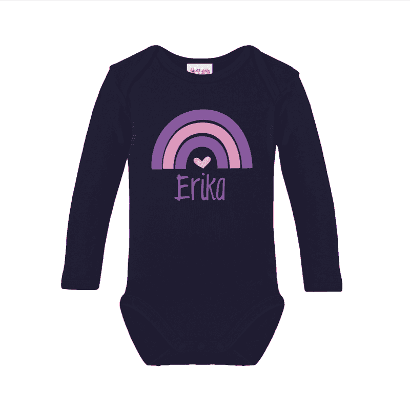 Long sleeve bodysuit printed with name and rainbow purple