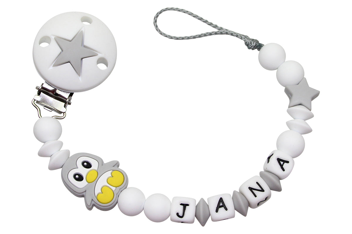 Silicone dummy chain with name penguin light gray:white