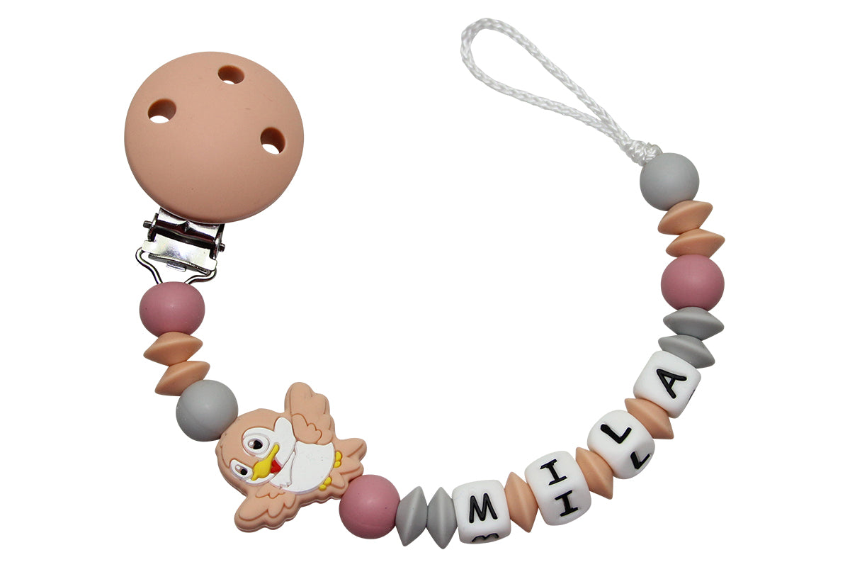 Silicone pacifier chain with name bird peach:blush