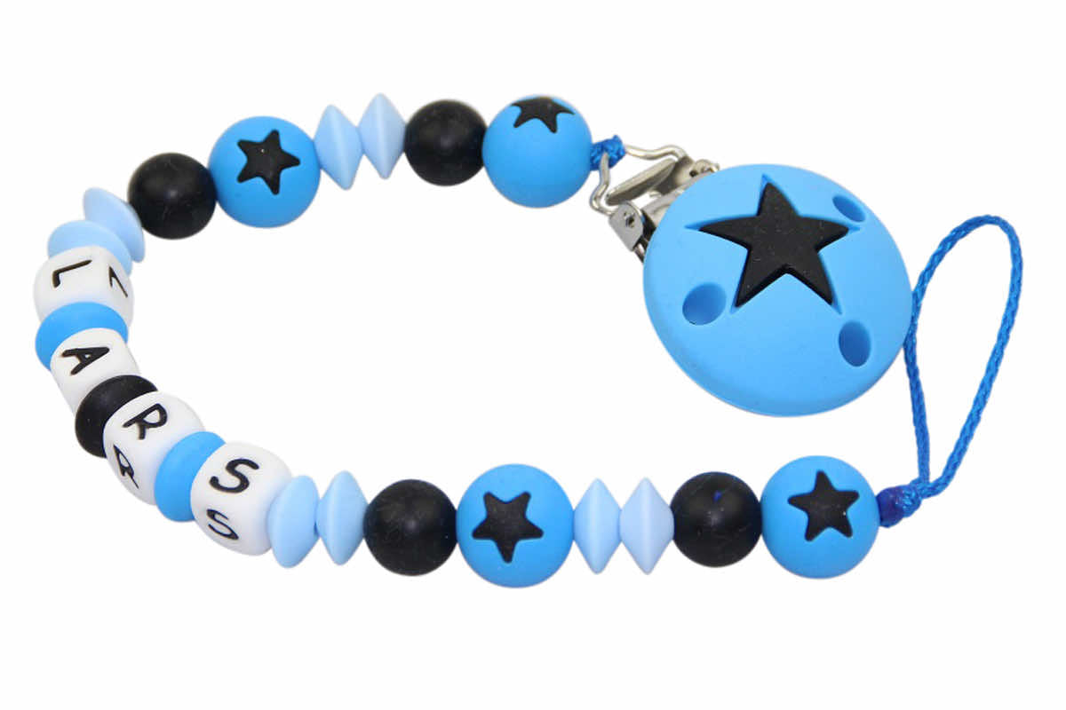 Silicone pacifier chain with name stars blue:black