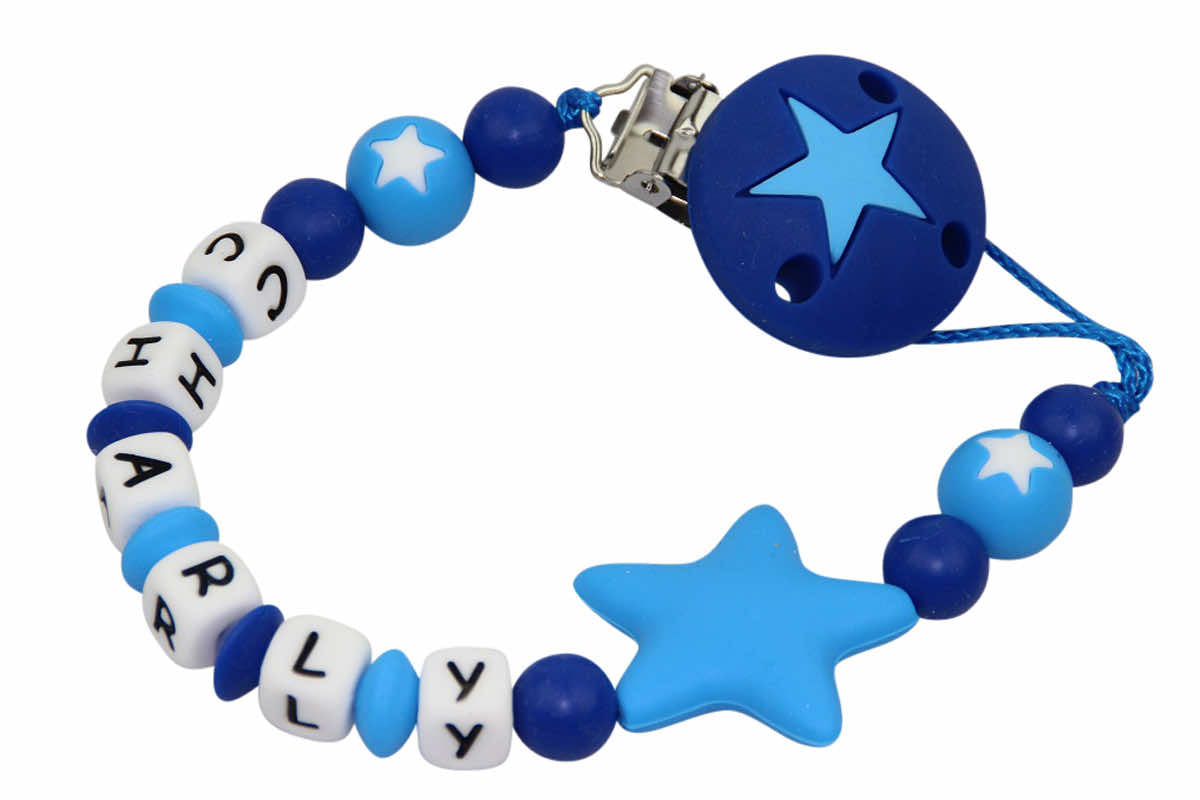 Silicone pacifier chain with name stars dark blue:light blue