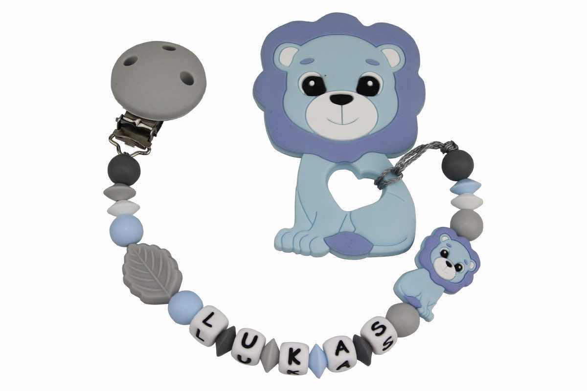 Silicone pacifier chain with name and pendant lion blue:gray