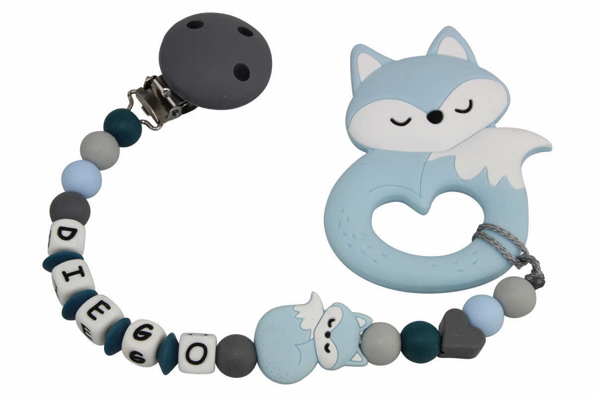 Silicone pacifier chain with name and pendant fox blue:gray