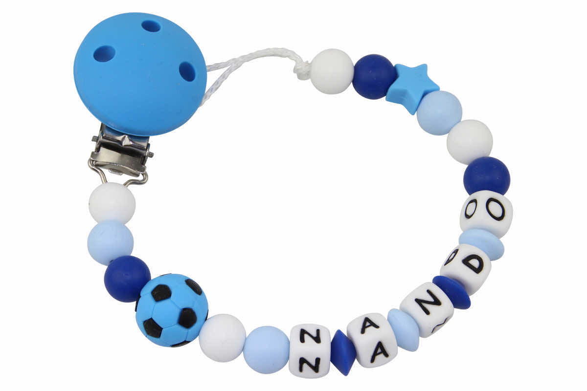 Silicone pacifier chain with name football blue