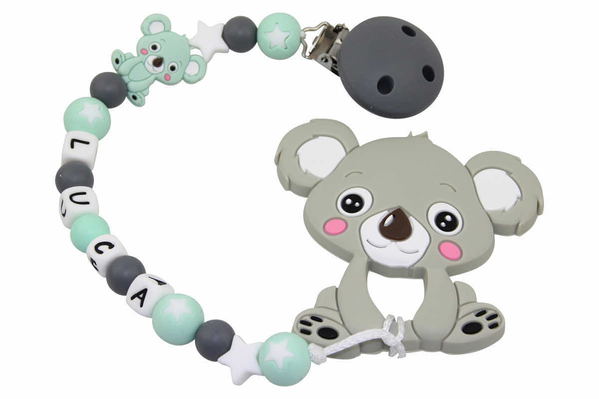 Silicone pacifier chain with name and koala pendant gray:mint