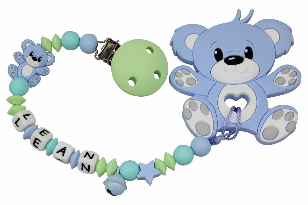 Silicone pacifier chain with name and blue teddy pendant