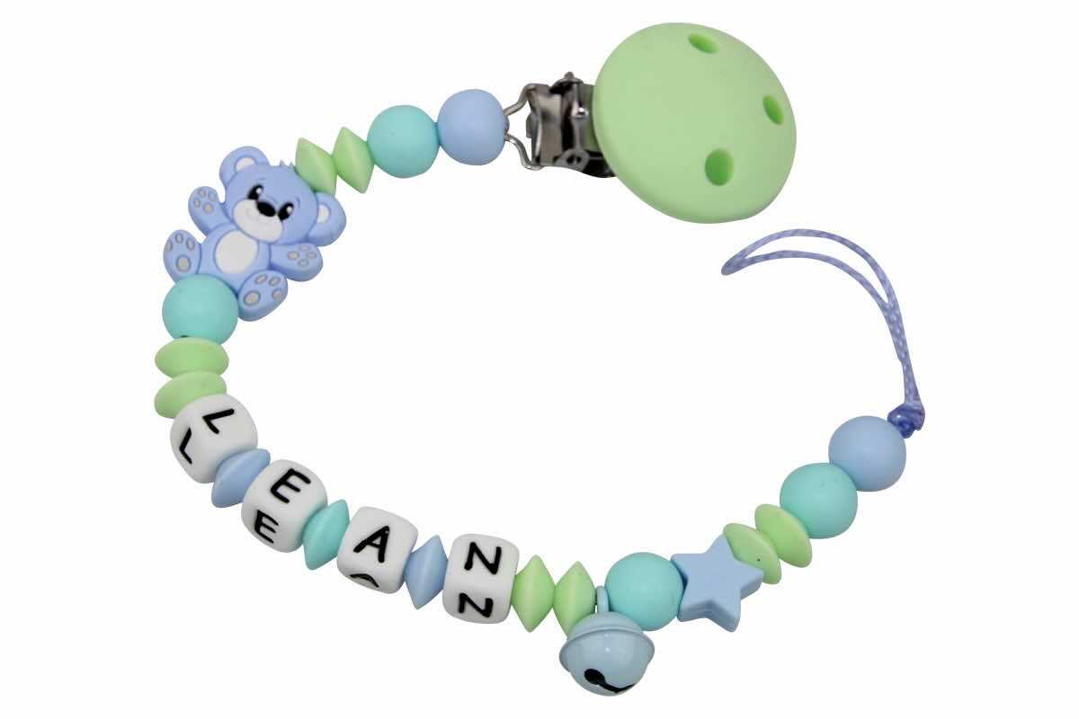 Silicone pacifier chain with name Teddy pastel blue:light green