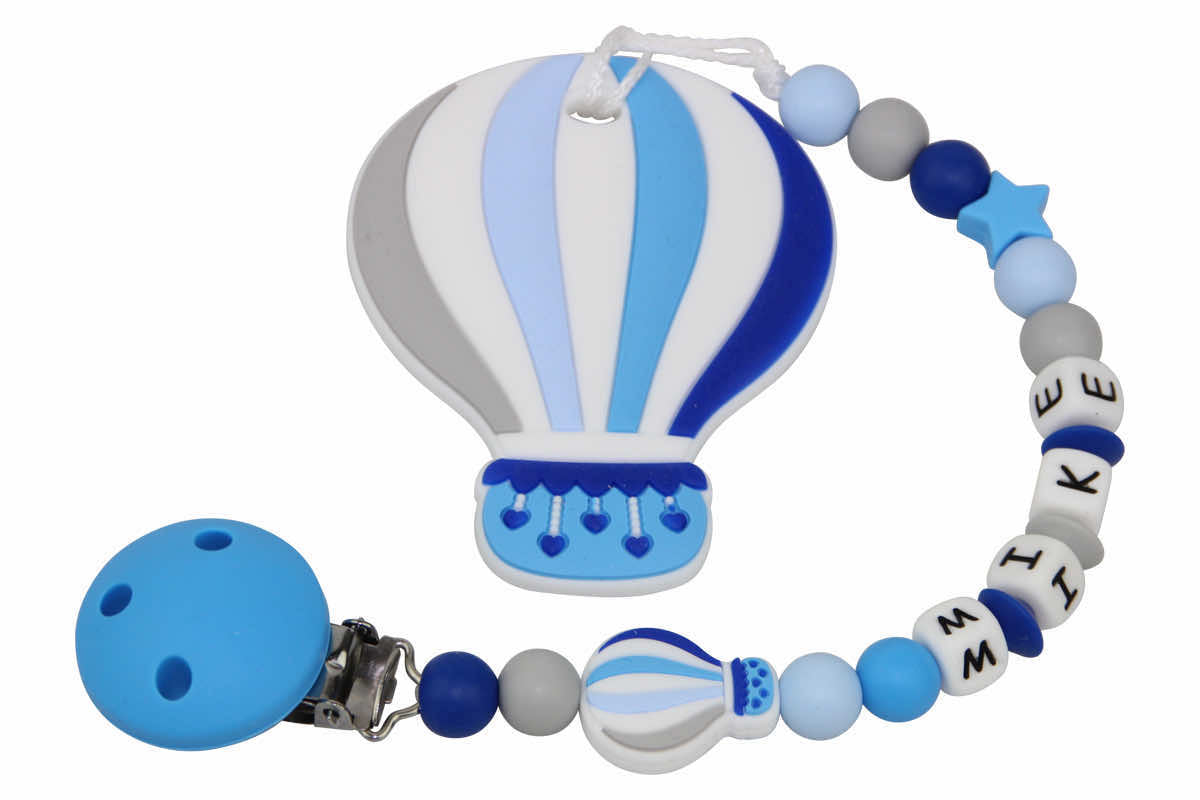 Silicone pacifier chain with name and balloon pendant light blue:gray