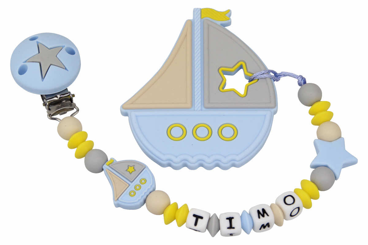Silicone pacifier chain with name and sailing ship pendant pastel blue