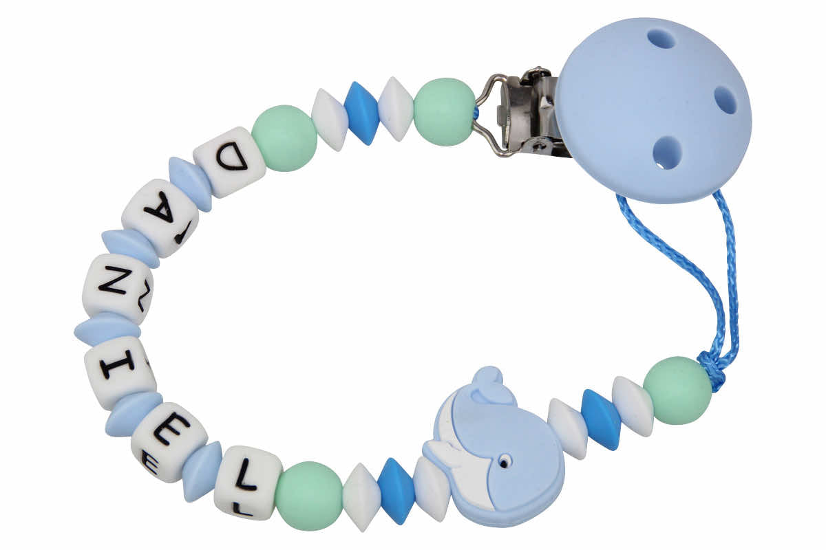 Silicone pacifier chain with name whale pastel blue