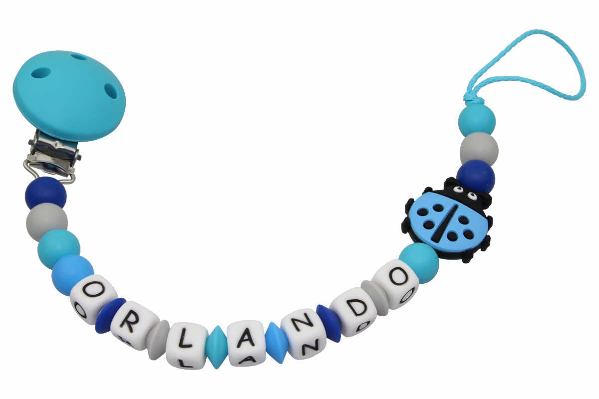 Silicone pacifier chain with name Beetle light blue