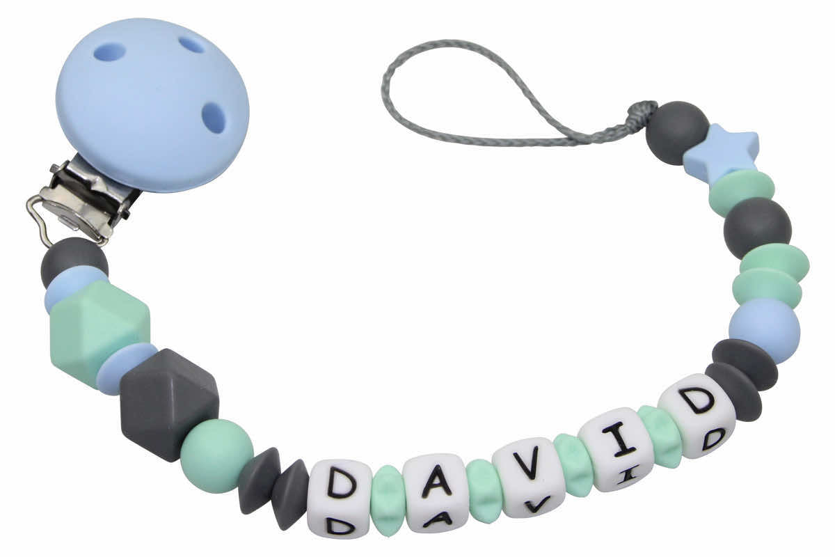 Silicone pacifier chain with name Hexagon pastel blue:mint