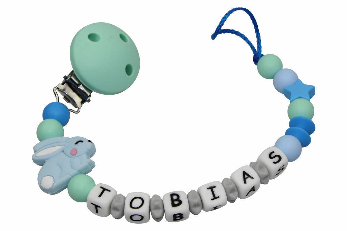 Silicone pacifier chain with name bunny light blue:mint